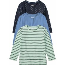 Lupilu Dívčí triko s dlouhými rukávy 3kusy pruhy puntíky zelená navy modrá modrá