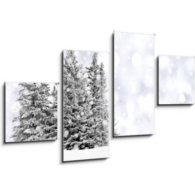 Obraz 4D čtyřdílný - 100 x 60 cm - Snowy trees with twinkling silver background and snowflakes Zasněžené stromy s blikajícím stříbrným pozadím a sněhové vločky – Zboží Mobilmania