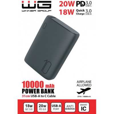 WG Powerbanka 10000 mAh, rychlonabíjení a PD, vč. kabelu, černá