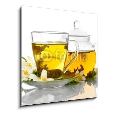 Obraz 1D - 50 x 50 cm - green tea with jasmine in cup and teapot isolated on white zelený čaj s jasmínem v šálku a čajové konvice izolovaných na bílém – Zbozi.Blesk.cz