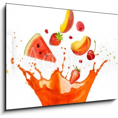 Obraz 1D - 100 x 70 cm - mixed fruit falling into juices splashing on white background smíšené ovoce spadající do šťávy stříkající na bílém pozadí
