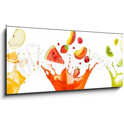 Obraz 1D - 120 x 50 cm - mixed fruit falling into juices splashing on white background smíšené ovoce spadající do šťávy stříkající na bílém pozadí