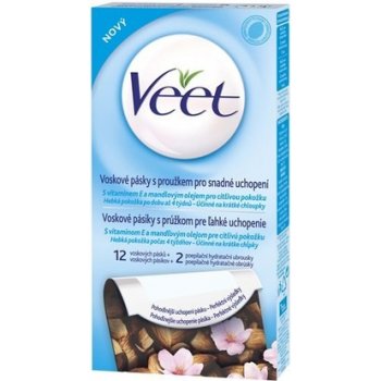 Veet Wax Strips voskové depilační pásky pro citlivou pokožku Almond Oil & Vitamin E 12 ks