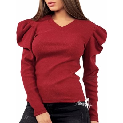 Dámský svetr s nabíranými rukávy tmavě červený bordó