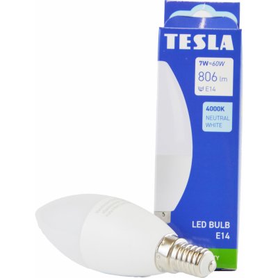 Tesla LED žárovka CANDLE svíčka, E14, 7W, 230V, 806lm, 25 000h, 4000K denní bílá, 180st – Zboží Živě