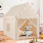 Costway Hrací stan Domeček se světýlky a podložkou Beige – Zbozi.Blesk.cz