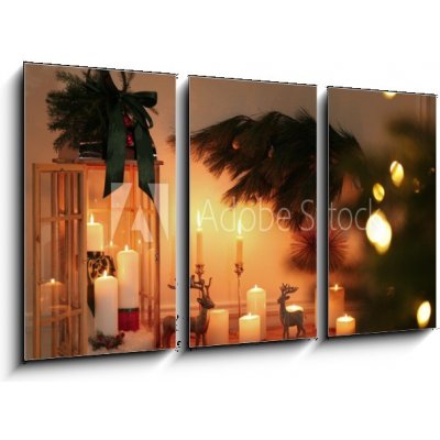 Obraz 3D třídílný - 90 x 50 cm - Wooden decorative Christmas lantern and burning candles on table indoors Dřevěná dekorativní vánoční lampa a hořící svíčky na stole v in – Zboží Mobilmania