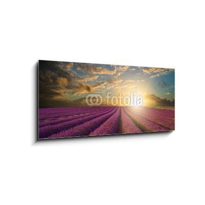 Skleněný obraz 1D panorama - 120 x 50 cm - Vibrant Summer sunset over lavender field landscape Vibrantní letní západ slunce nad levandule krajiny – Hledejceny.cz