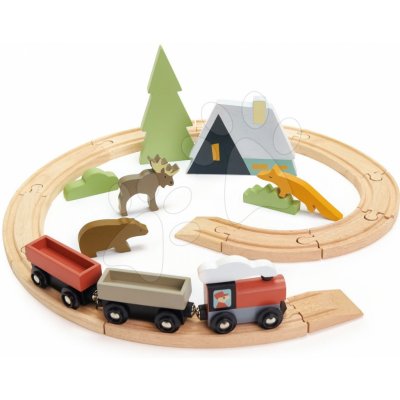 Leaf Toys Drevená vláčikodráha v horách Treetops Train Set Tender &s vlakom zvieratkami a chatou – Zboží Dáma