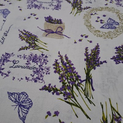 Pro útulný domov bavlněná látka LEVANDULE A MOTÝLI NA BÍLÉ – Sleviste.cz