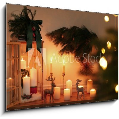 Obraz 1D - 100 x 70 cm - Wooden decorative Christmas lantern and burning candles on table indoors Dřevěná dekorativní vánoční lampa a hořící svíčky na stole v interiéru – Zboží Mobilmania