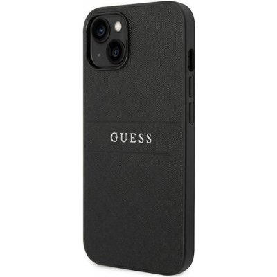 Pouzdro Guess iPhone 14 Plus PU kožené Saffiano s kovovém logem Hot Stamp Stripes černé – Zboží Mobilmania