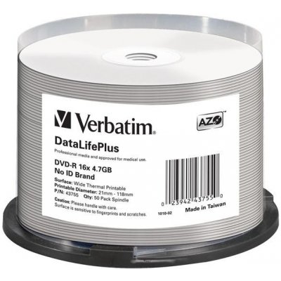 Verbatim DVD-R 4,7GB 16x, AZO, printable, spindle, 50ks (43755) – Zboží Živě