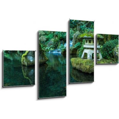 Obraz 4D čtyřdílný - 100 x 60 cm - A Lantern and Waterfall in the Portland Japanese Garden Lucerna a vodopád v japonské zahradě v Portlandu – Zboží Mobilmania