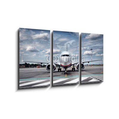 Obraz 3D třídílný - 90 x 50 cm - Total View Airplane on Airfield with dramatic Sky Celkový pohled na letadlo na letišti s dramatickou oblohou – Zboží Mobilmania
