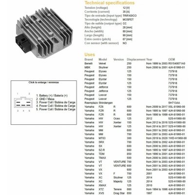 DZE regulátor napětí YAMAHA FZ6 09-17; FZR 600R 95-99; SRX 700 00-02; TDM 850 96-01; TMAX 500 00-03; VT 700 VENTURE 01-03; XMAX 125 10; XTZ 660 TENERE 94-96; YZF 600R 96-09; YZF 1000R 98-01; BENELLI ( | Zboží Auto