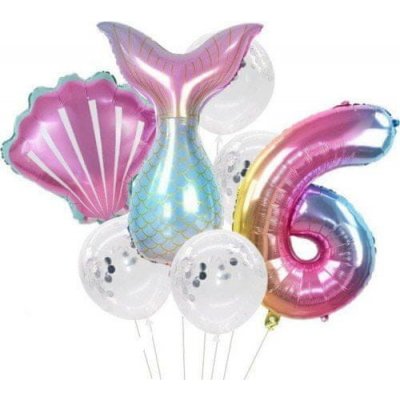 Camerazar Sada 7 balónků s konfetami mořská panna číslo 6 latex a fólie různé velikosti 25 cm 81 cm – Zboží Dáma