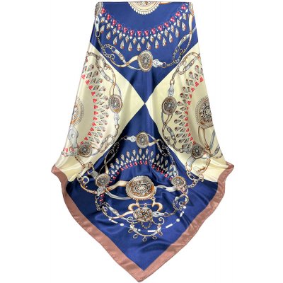 viskózový šátek na krk s ornamenty čtvercový modrý smetanový a hnědý – Zboží Mobilmania
