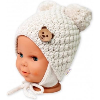 BABY NELLYS Zimní pletená čepice Teddy Bear na zavazování ecru – Zboží Mobilmania