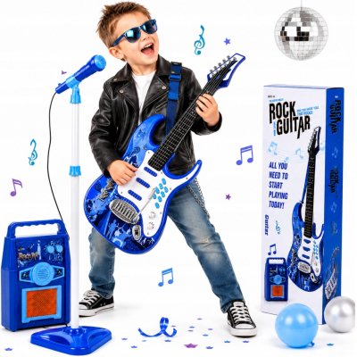 ISO rocková elektrická kytara + zesilovač a mikrofon modrá – Sleviste.cz