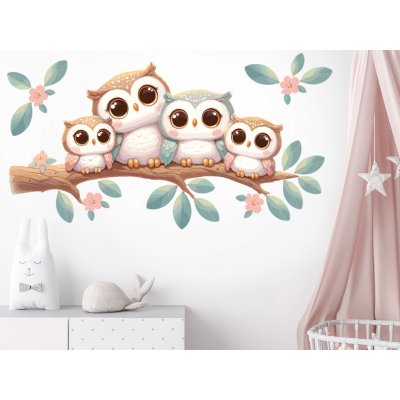 Nalepte.cz Sovičky na větvi textilní přelepitelná samolepka na zeď arch 75 x 38 cm – Hledejceny.cz