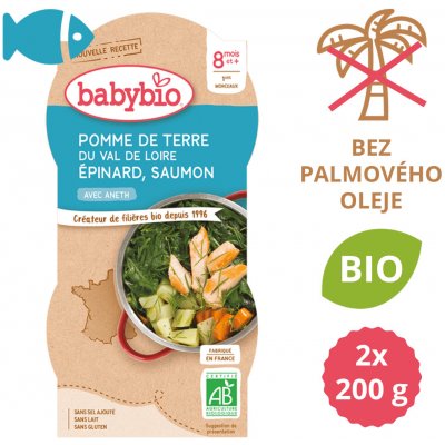 Babybio brambory a špenát s lososem a rýží miska 2 x 200 g – Hledejceny.cz