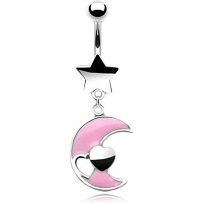 Šperky eshop ocelový piercing do pupíku růžový měsíček se srdíčky U20.15