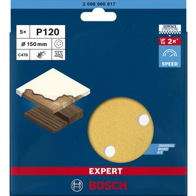 5x Brusný papír pro excentrickou brusku na barvu na dřevu a tvrdé dřevo Bosch EXPERT C470 - 150mm, zrnitost 120, 8 otvorů (2608900817) – Zboží Mobilmania