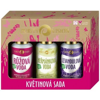 Purity Vision Květinová růžová voda s regeneračním účinkem 100 ml + jemná čisticí voda s heřmánkem 100 ml + zklidňující levandulová voda 100 ml dárková sada