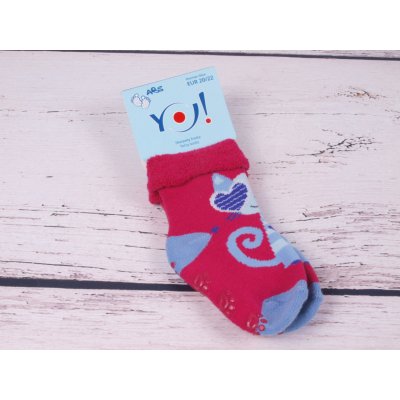 YO Ponožky teplé froté ABS protiskluzové tm. růžové s kočkou