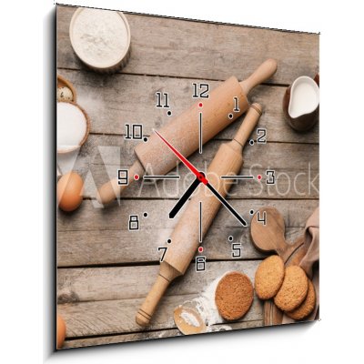 Obraz s hodinami 1D - 50 x 50 cm - Ingredients for cookies and rolling pins on wooden background Ingredience pro sušenky a válečky na dřevěné pozadí – Hledejceny.cz