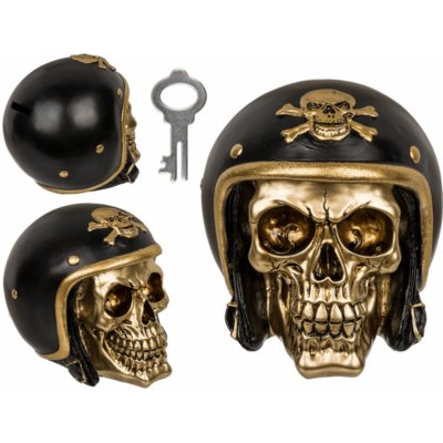 GiftyCity Pokladnička Lebka s motorkářskou přilbou zlatá černá – Hledejceny.cz