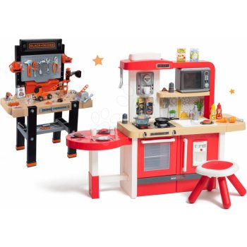 Smoby Set kuchyňka rostoucí s tekoucí vodou a mikrovlnkou Tefal Evolutive a pracovní dílna Black+Decker se skládacím autíčkem