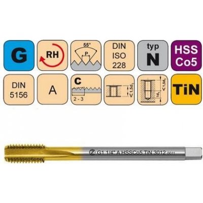 NÁSTROJE CZ Závitník strojní G1 1/8" A HSSCo5 TiN DIN 5156 C - 3012 - CZZ3012-G1-1/8"-A – Hledejceny.cz