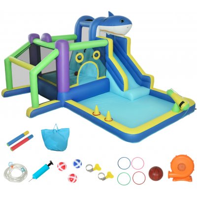 AIYAPLAY skákací hrad 8 v 1 se žraločím motivem, fukarem, skluzavkou, brouzdalištěm a trampolínou pro děti 3-8 let, 405x345x235cm, vícebarevný – Sleviste.cz