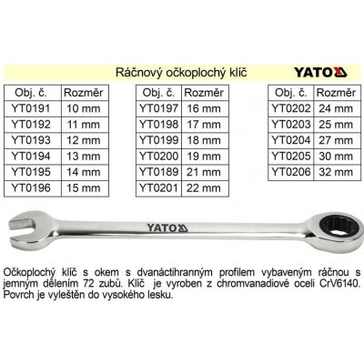 Yato klíč očkoplochý 10 mm ráčnový YT-0191 – Zboží Dáma
