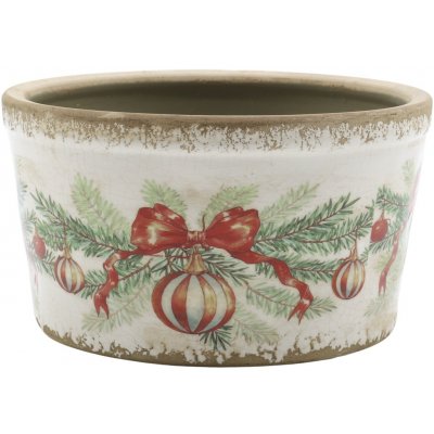 Béžový keramický květináč s vánočními ozdobami Christmas Bow & Bauble – Ø 16,5*9,5 cm - Chic Antique – Hledejceny.cz