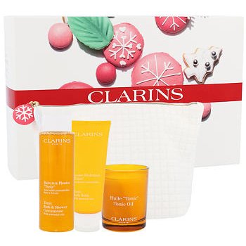 Clarins Spa At Home sprchový gel Tonic Bath Shower Concentrate 200 ml + tělová péče Tonic Body Balm 200 ml + vonná svíčka Tonic Oil Scented Candle 50 g + etue dárková sada