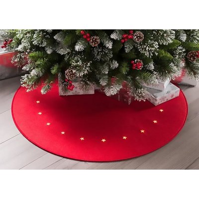 MagicHome Vánoční koberec červený s hvězdami 22 LED diod teplá bílá 2xAA 90 cm