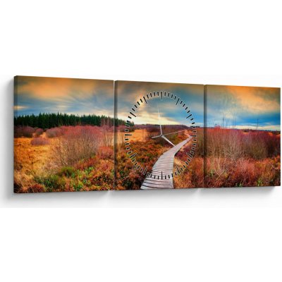 Obraz - Podzimní cesta krajinou (s hodinami), třídílný 90x30 cm s hodinami – Hledejceny.cz