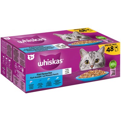 Whiskas 1+ rybí výběr v želé Losos tuňák treska bílá ryba 48 x 85 g – Sleviste.cz