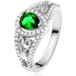 Šperky eshop prsten ze stříbra 925 zelený slzičkovitý kámen čiré zirkony obrysy srdcí U18.19 – Hledejceny.cz