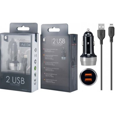 Nabíječka do auta PLUS A6134 s kabelem pro iPhone lightning, 2xUSB výstup 2.4A, Silver – Zboží Mobilmania