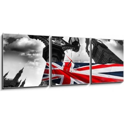 Obraz s hodinami 3D třídílný - 150 x 50 cm - Big Ben with colorful flag of England, London, UK Big Ben s barevné vlajky Anglie, Londýn, Velká Británie