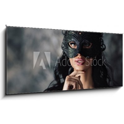 Obraz 1D panorama - 120 x 50 cm - portrait of sexy beautiful woman in lace black erotic lingerie and carnival mask on dark background portrét sexy krásná žena v krajkové
