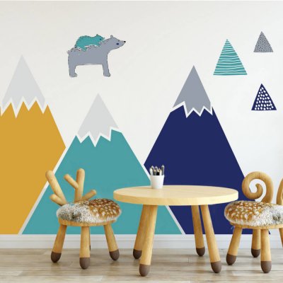 INSPIO Samolepka Dětské samolepky na zeď - Barevné hory a kopce domy a kopce modrá, žlutá, plnobarevný motiv rozměry 160x90