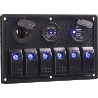 Panel s 6x spínači Rocker, voltmetr, CL + USB zásuvka, 12/24V – Zboží Mobilmania