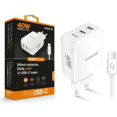 Chytrá síťová nabíječka ALIGATOR Power Delivery 40W, 2xUSB-C, USB-C/USB-C kabel, bílá – Zbozi.Blesk.cz