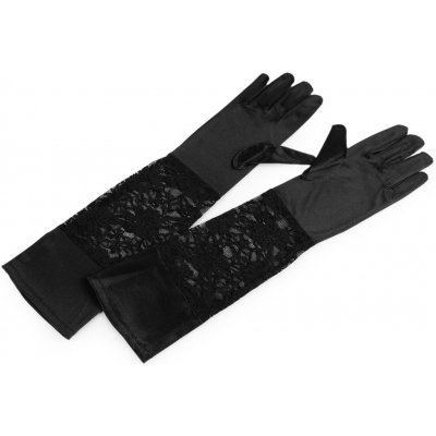 Dlouhé společenské rukavice saténové s krajkou velké černá – Zboží Dáma