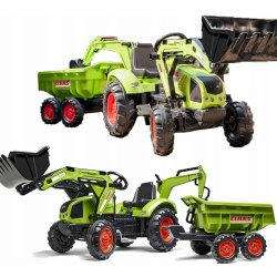 Falk šlapací traktor 2070W Claas backhoe s přední a zadní lžící a přívěsem